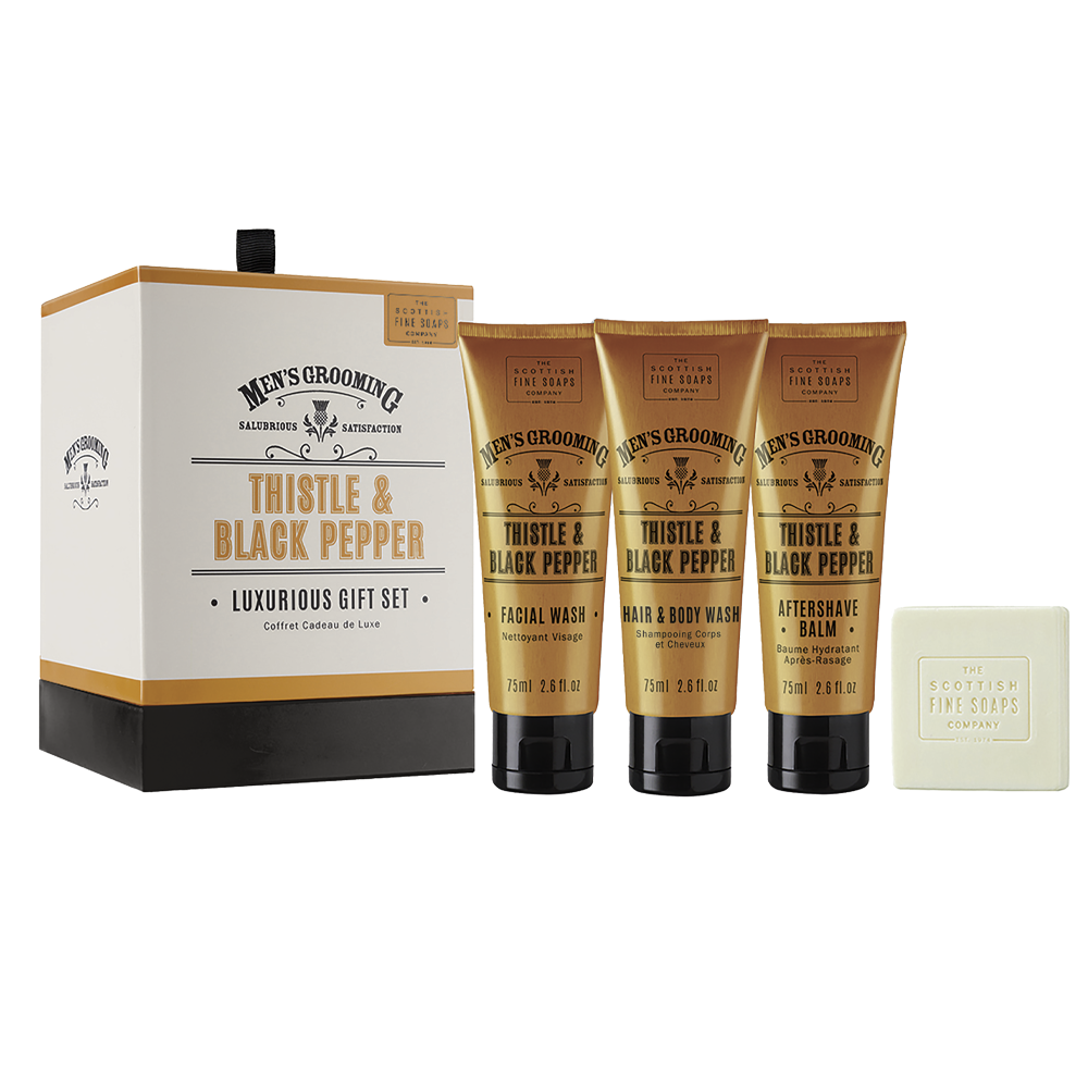 Thistle and Black Pepper Luxurious Gift Set 3x75ml Tubes, 1x40g Soap, Drum