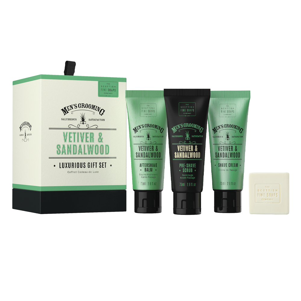 Vetiver and Sandalwood Luxurious Gift Set 3x75ml Tubes, 1x40g Soap, Drum
